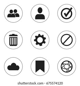 Set Of 9 Editable Internet Icons. Includes Symbols Such As Network, Recycle Bin, Tag And More. Can Be Used For Web, Mobile, UI And Infographic Design.