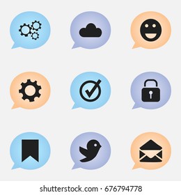 Set Of 9 Editable Internet Icons. Includes Symbols Such As Security, Sky, Settings And More. Can Be Used For Web, Mobile, UI And Infographic Design.