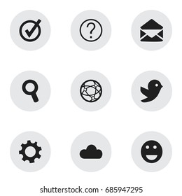 Set Of 9 Editable Internet Icons. Includes Symbols Such As Magnifier, Settings, Network And More. Can Be Used For Web, Mobile, UI And Infographic Design.