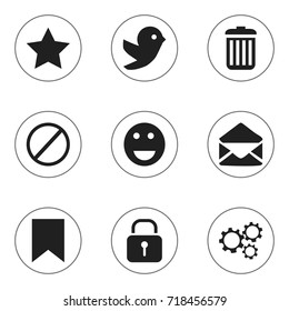 Set Of 9 Editable Internet Icons. Includes Symbols Such As Emoji, Dove, Recycle Bin And More. Can Be Used For Web, Mobile, UI And Infographic Design.