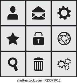 Set Of 9 Editable Internet Icons. Includes Symbols Such As Magnifier, Gear, Letter And More. Can Be Used For Web, Mobile, UI And Infographic Design.