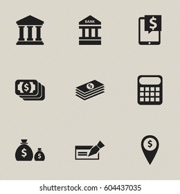 Set Of 9 Editable Investment Icons. Includes Symbols Such As Computation Machine, Banknote, Bucks And More. Can Be Used For Web, Mobile, UI And Infographic Design.