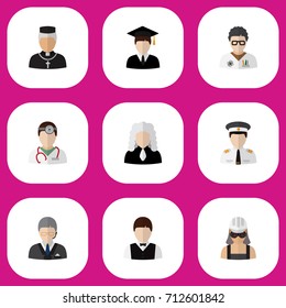 Set Of 9 Editable Job Flat Icons. Includes Symbols Such As Graduate, Lawyer, Padre And More. Can Be Used For Web, Mobile, UI And Infographic Design.