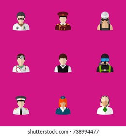 Set Of 9 Editable Job Flat Icons. Includes Symbols Such As Swimmer, Speaker, Waiter And More. Can Be Used For Web, Mobile, UI And Infographic Design.