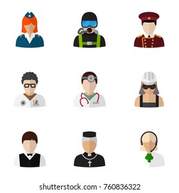 Set Of 9 Editable Job Flat Icons. Includes Symbols Such As Stewardess, Swimmer, Padre And More. Can Be Used For Web, Mobile, UI And Infographic Design.