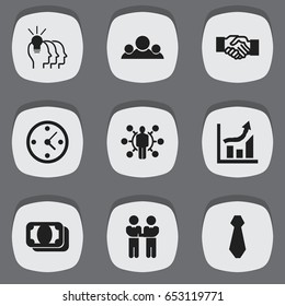 Set Of 9 Editable Job Icons. Includes Symbols Such As Idea, Agreement, Cravat And More. Can Be Used For Web, Mobile, UI And Infographic Design.