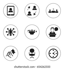 Set Of 9 Editable Job Icons. Includes Symbols Such As Clock, Talking Man, Ergonomic Seat And More. Can Be Used For Web, Mobile, UI And Infographic Design.