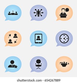 Set Of 9 Editable Job Icons. Includes Symbols Such As Businessman, Ergonomic Seat, Meeting And More. Can Be Used For Web, Mobile, UI And Infographic Design.