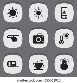Set Of 9 Editable Journey Icons. Includes Symbols Such As Solar, Forecast, Sun And More. Can Be Used For Web, Mobile, UI And Infographic Design.