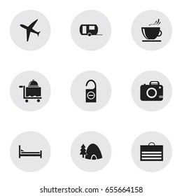 Set Of 9 Editable Journey Icons. Includes Symbols Such As Tabernacle, Trading Purse, Aircraft And More. Can Be Used For Web, Mobile, UI And Infographic Design.