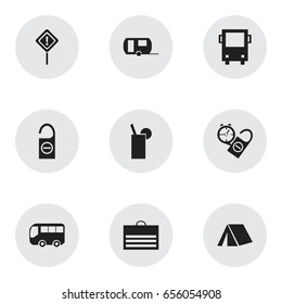 Set Of 9 Editable Journey Icons. Includes Symbols Such As Trading Purse, Lemonade, Rest Time And More. Can Be Used For Web, Mobile, UI And Infographic Design.