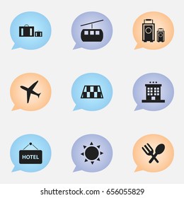 Set Of 9 Editable Journey Icons. Includes Symbols Such As Solar, Luggage, Cutlery And More. Can Be Used For Web, Mobile, UI And Infographic Design.