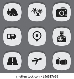Set Of 9 Editable Journey Icons. Includes Symbols Such As Vacation, Tree, Location And More. Can Be Used For Web, Mobile, UI And Infographic Design.