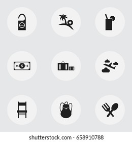 Set Of 9 Editable Journey Icons. Includes Symbols Such As Briefcase, Tourism, Stool And More. Can Be Used For Web, Mobile, UI And Infographic Design.