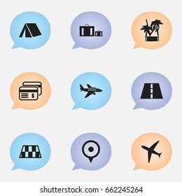 Set Of 9 Editable Journey Icons. Includes Symbols Such As Aircraft, Plane, Tent And More. Can Be Used For Web, Mobile, UI And Infographic Design.