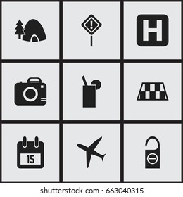 Set Of 9 Editable Journey Icons. Includes Symbols Such As Barrier, Helipad, Caution And More. Can Be Used For Web, Mobile, UI And Infographic Design.
