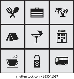 Set Of 9 Editable Journey Icons. Includes Symbols Such As Cocktail, Trading Purse, Hotel And More. Can Be Used For Web, Mobile, UI And Infographic Design.