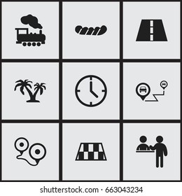 Set Of 9 Editable Journey Icons. Includes Symbols Such As Bratwurst, Destination, Path And More. Can Be Used For Web, Mobile, UI And Infographic Design.