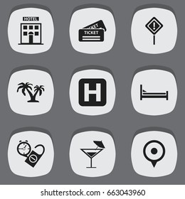 Set Of 9 Editable Journey Icons. Includes Symbols Such As Cocktail, Location, Mattress And More. Can Be Used For Web, Mobile, UI And Infographic Design.