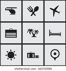 Set Of 9 Editable Journey Icons. Includes Symbols Such As Cutlery, Trading Purse, Chopper And More. Can Be Used For Web, Mobile, UI And Infographic Design.