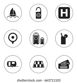 Set Of 9 Editable Journey Icons. Includes Symbols Such As Coupon, Location, Yacht And More. Can Be Used For Web, Mobile, UI And Infographic Design.