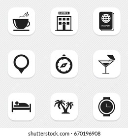 Set Of 9 Editable Journey Icons. Includes Symbols Such As Cup, Bed, Tree And More. Can Be Used For Web, Mobile, UI And Infographic Design.