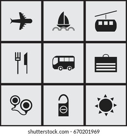 Set Of 9 Editable Journey Icons. Includes Symbols Such As Fork With Knife, Trading Purse, Aero And More. Can Be Used For Web, Mobile, UI And Infographic Design.