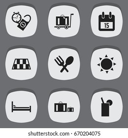 Set Of 9 Editable Journey Icons. Includes Symbols Such As Cutlery, Briefcase, Solar And More. Can Be Used For Web, Mobile, UI And Infographic Design.