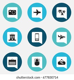 Set Of 9 Editable Journey Icons. Includes Symbols Such As Camera, Aero, Tree And More. Can Be Used For Web, Mobile, UI And Infographic Design.