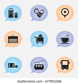 Set Of 9 Editable Journey Icons. Includes Symbols Such As Rest Time, Location, Briefcase And More. Can Be Used For Web, Mobile, UI And Infographic Design.