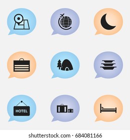 Set Of 9 Editable Journey Icons. Includes Symbols Such As Mattress, Navigation, and More. Can Be Used For Web, Mobile, UI And Infographic Design.
