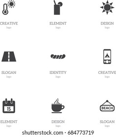 Set Of 9 Editable Journey Icons. Includes Symbols Such As Plage, Bratwurst, Thermometer And More. Can Be Used For Web, Mobile, UI And Infographic Design.