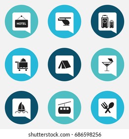 Set Of 9 Editable Journey Icons. Includes Symbols Such As Luggage, Tent, Cutlery And More. Can Be Used For Web, Mobile, UI And Infographic Design.