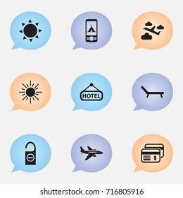 Set Of 9 Editable Journey Icons. Includes Symbols Such As Sun, Plastic Money, Aviation And More. Can Be Used For Web, Mobile, UI And Infographic Design.