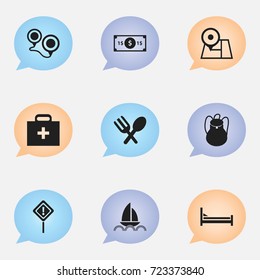 Set Of 9 Editable Journey Icons. Includes Symbols Such As Yacht, Doctor Case, Map And More. Can Be Used For Web, Mobile, UI And Infographic Design.