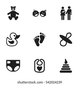 Set Of 9 Editable Kid Icons. Includes Symbols Such As Pinafore, Tower, Twins Babies And More. Can Be Used For Web, Mobile, UI And Infographic Design.