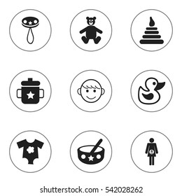 Set Of 9 Editable Kid Icons. Includes Symbols Such As Tower, Rattle, Merry Children And More. Can Be Used For Web, Mobile, UI And Infographic Design.