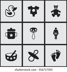 Set Of 9 Editable Kid Icons. Includes Symbols Such As Teddy, Soothers, Bath Toys And More. Can Be Used For Web, Mobile, UI And Infographic Design.