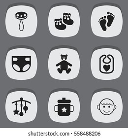 Set Of 9 Editable Kid Icons. Includes Symbols Such As Nappy, Shoes For Babies, Goplet And More. Can Be Used For Web, Mobile, UI And Infographic Design.
