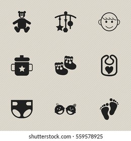 Set Of 9 Editable Kid Icons. Includes Symbols Such As Nappy, Twins Babies, Adorn And More. Can Be Used For Web, Mobile, UI And Infographic Design.