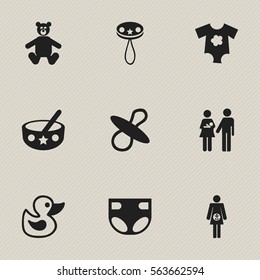 Set Of 9 Editable Kid Icons. Includes Symbols Such As Lineage, Nappy, Bath Toys And More. Can Be Used For Web, Mobile, UI And Infographic Design.