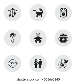 Set Of 9 Editable Kid Icons. Includes Symbols Such As Adorn, Stroller, Rattle And More. Can Be Used For Web, Mobile, UI And Infographic Design.
