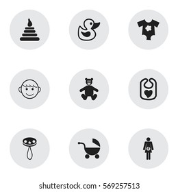 Set Of 9 Editable Kid Icons. Includes Symbols Such As Stroller, Tower, Small Dresses And More. Can Be Used For Web, Mobile, UI And Infographic Design.