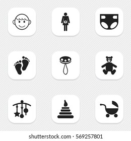 Set Of 9 Editable Kid Icons. Includes Symbols Such As Rattle, Merry Children, Nappy And More. Can Be Used For Web, Mobile, UI And Infographic Design.