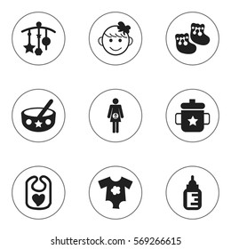 Set Of 9 Editable Kid Icons. Includes Symbols Such As Small Dresses, Adorn, Shoes For Babies And More. Can Be Used For Web, Mobile, UI And Infographic Design.