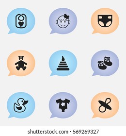 Set Of 9 Editable Kid Icons. Includes Symbols Such As Cheerful Child, Soothers, Bath Toys And More. Can Be Used For Web, Mobile, UI And Infographic Design.