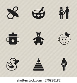 Set Of 9 Editable Kid Icons. Includes Symbols Such As Soothers, Lineage, Teddy And More. Can Be Used For Web, Mobile, UI And Infographic Design.