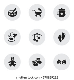 Set Of 9 Editable Kid Icons. Includes Symbols Such As Twins Babies, Bath Toys, Shoes For Babies And More. Can Be Used For Web, Mobile, UI And Infographic Design.