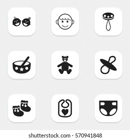 Set Of 9 Editable Kid Icons. Includes Symbols Such As Shoes For Babies, Twins Babies, Rattle And More. Can Be Used For Web, Mobile, UI And Infographic Design.