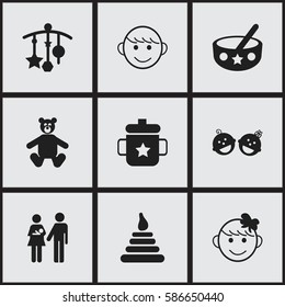 Set Of 9 Editable Kid Icons. Includes Symbols Such As Adorn, Twins Babies, Cheerful Child And More. Can Be Used For Web, Mobile, UI And Infographic Design.